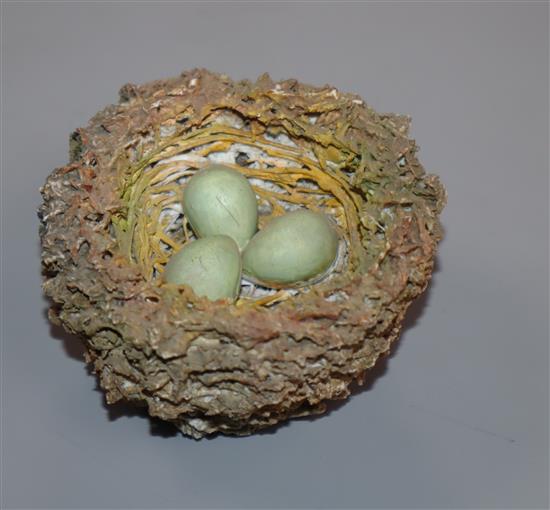 A Bristol porcelain model of a birds nest, modelled by Edward Raby for Pountney & Co, Dia 7cm